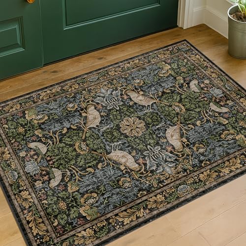 Hazo Haus Washable Dark Vintage Floral Rugs for Entryway - Small 2x3 Washable Rug for Kitchen Bathroom Door Mat Indoor Entrance with Bird & Botanical Pattern, Brown Earthy Tones, Non Slip Low Pile