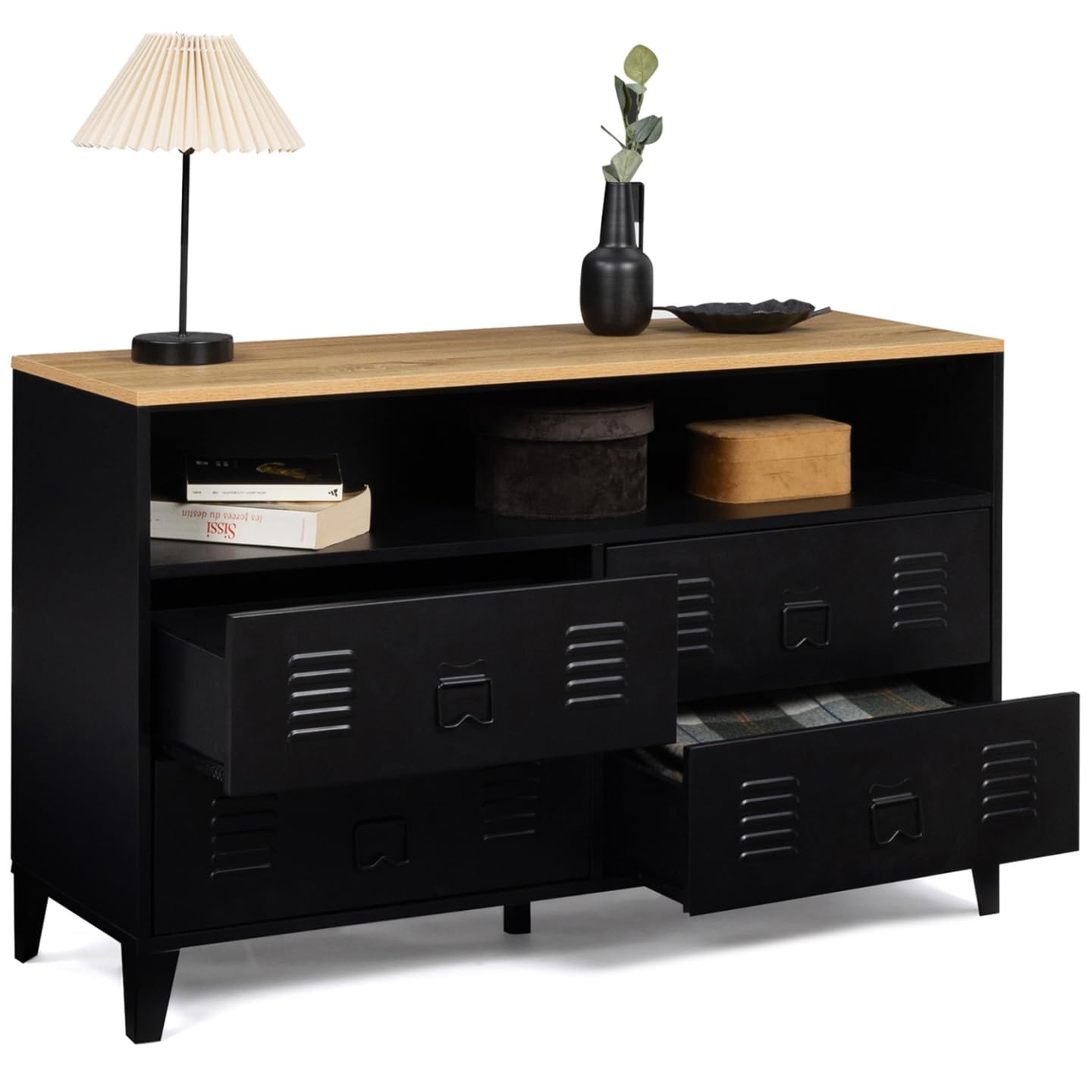 IDMarket - Commode 4 tiroirs Ester 115 cm métal Noir et Plateau façon hêtre avec Niche Design Industriel