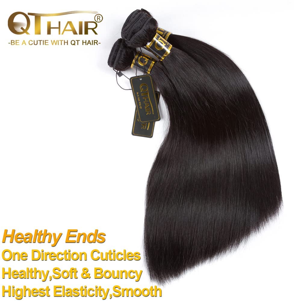 QTHAIR 18A Straight Human Bundles (16" 16" 18",300g) 100% Unprocessed Brazilian Virgin Human Hair Weave Straight Hair Bundles Natural Color