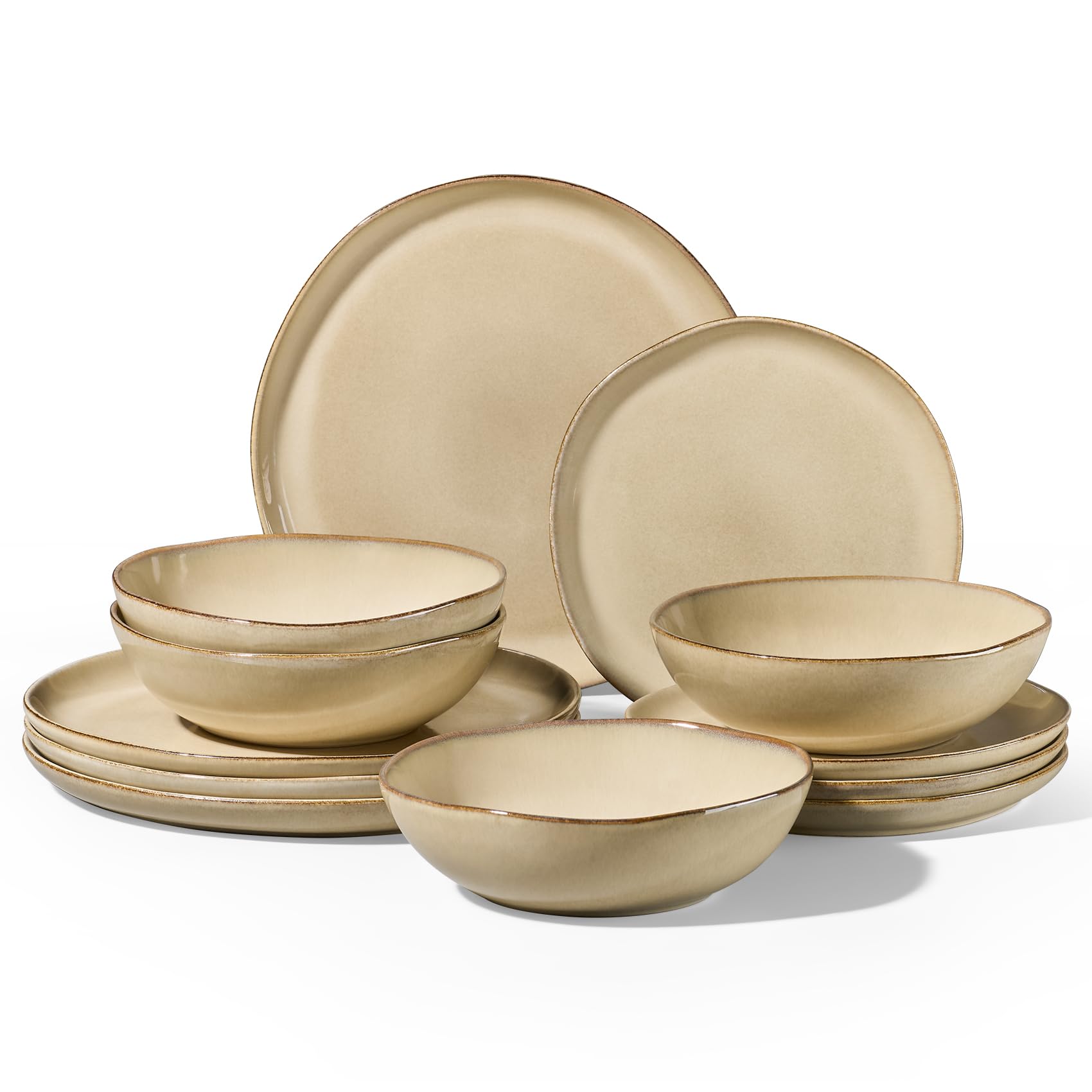 Homikit 12-Piece Dinner Set, Reactive Glaze Stoneware for 4, Caramel Dusk