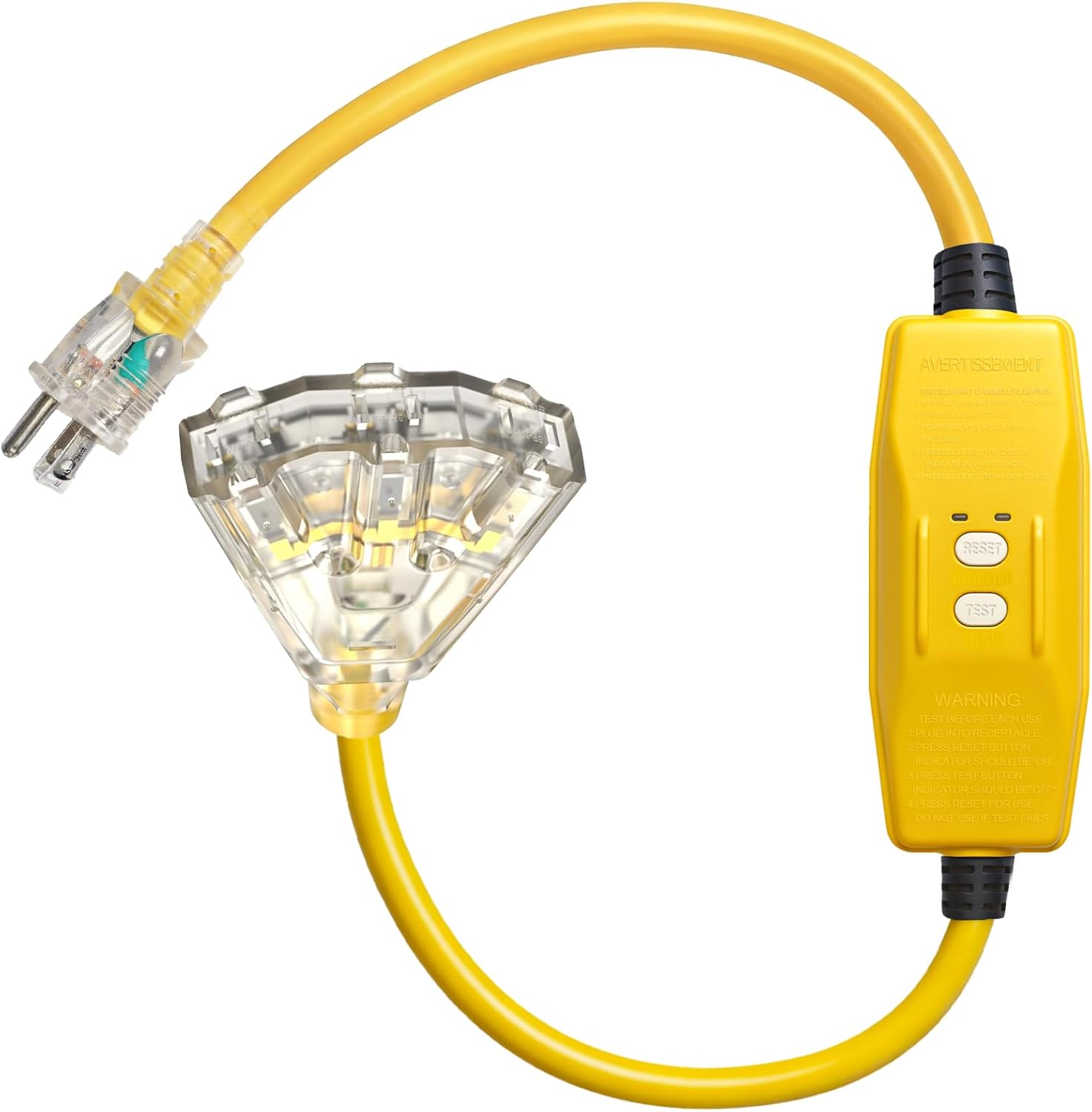 Keroyal 3FT GFCI Extension Cord Automatic Outdoor, 12/3 AWG SJTW Extension Cords, Heavy Duty Extension Cord with LED Lighted 3-Prong Outlet, GFCI Splitter Plug, UL Listed