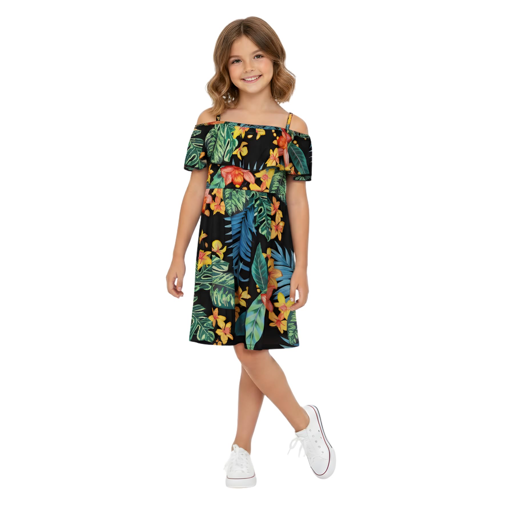 A2Z 4 Kids Girls Skater Dress - Off Shoulder Floral Black Yellow 7-8