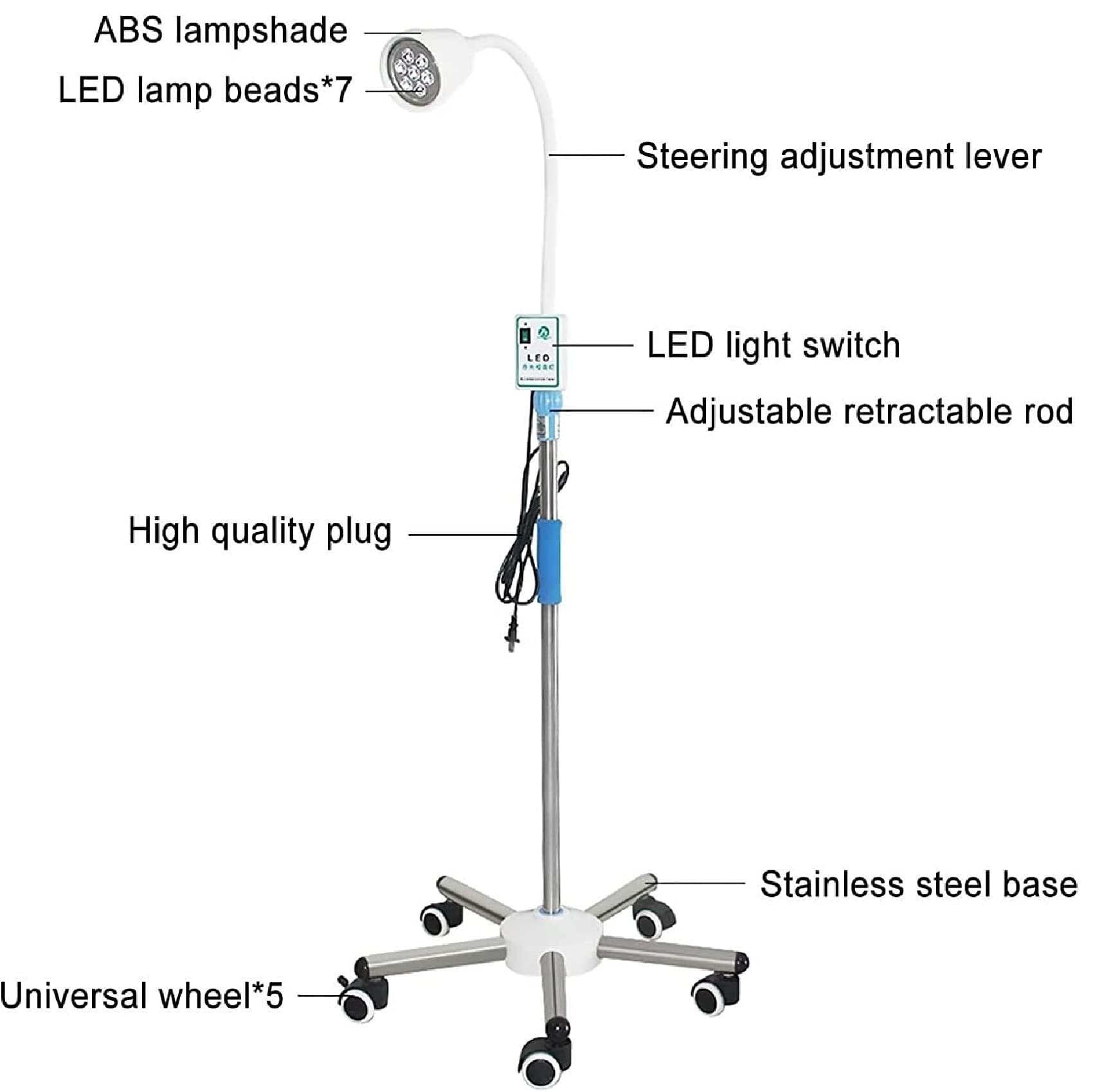 Lampada mobile senza ombre for uso medico dentale da pavimento, lampada for visita chirurgica a LED 7 * 3W, adatta for ginecologia, ambulatorio, animali domestici, odontoiatria, otorinolaringoiatria