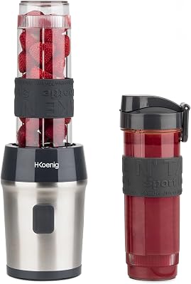 H.Koenig Mini frullatore SMOO9 Smoothie Maker, 570mL, 300W, 4 lame in acciaio inox, senza BPA, 2 bottiglie portatili da viaggio, frullati e frappé, Grigio