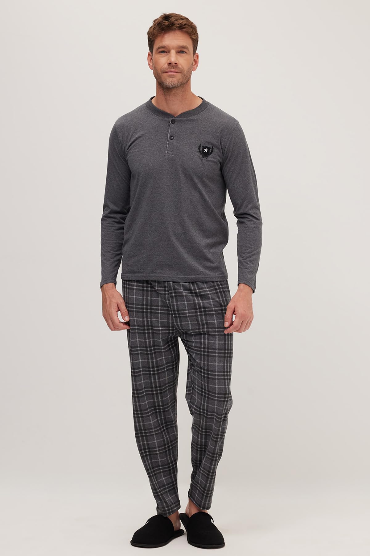 Tudors Erkek Regular Fit Pamuklu Düğmeli Yaka Beli Lastikli Desenli Gri Pijama Takımı, 2XL