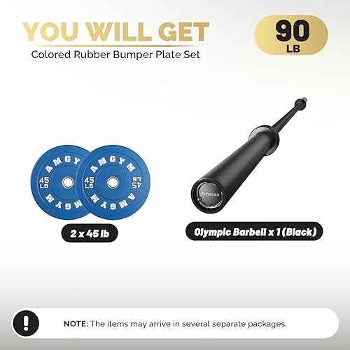 Miniatura 2 de AMGYM Juego de placas de parachoques de color con barra olímpica de 7 pies y 1000 libras de capacidad, placas de peso de goma de color con inserto