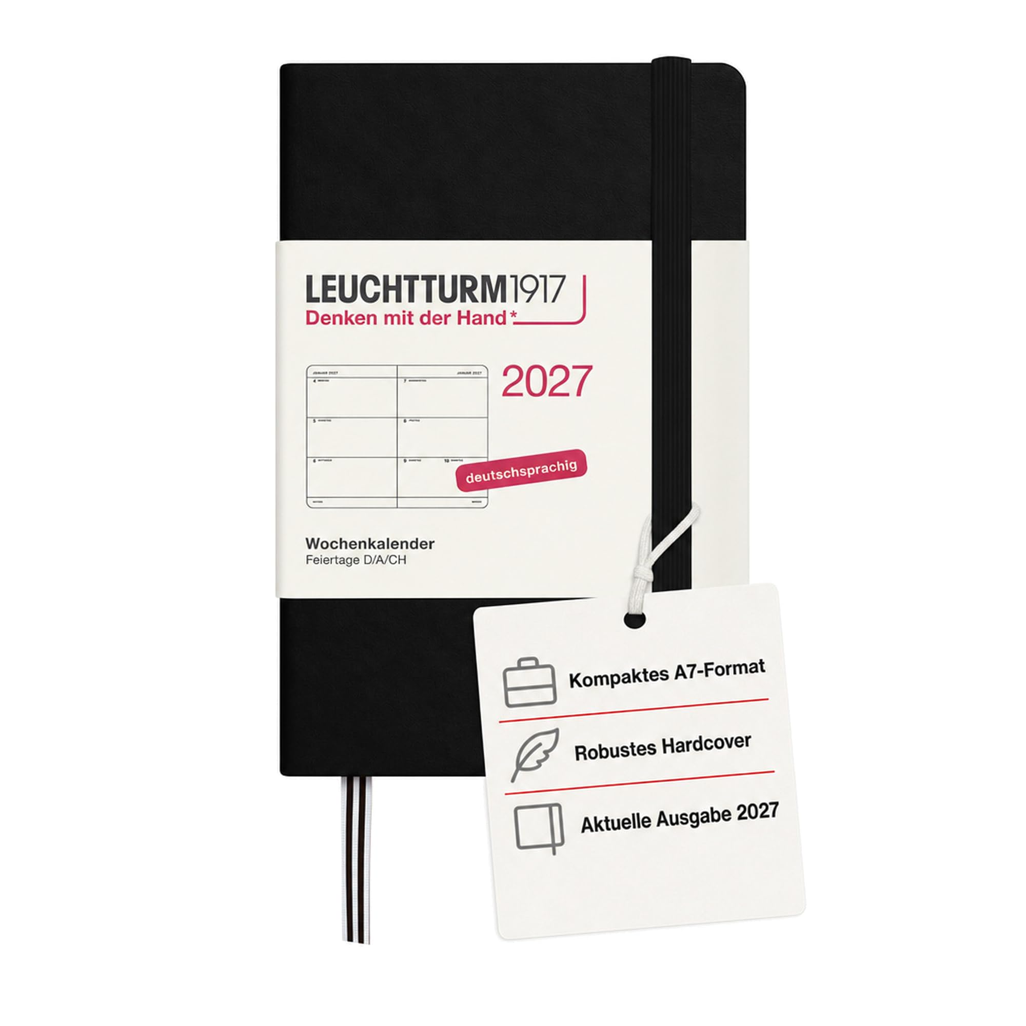 LEUCHTTURM1917 Weekly Planner 2027 Mini (A7) - German, Black, Hardcover, 70 x 110 mm, 12 Months - January-December 2027, 1 Week per Double Page, 80 g/m² Paper with High Ink Compatibility — image 1