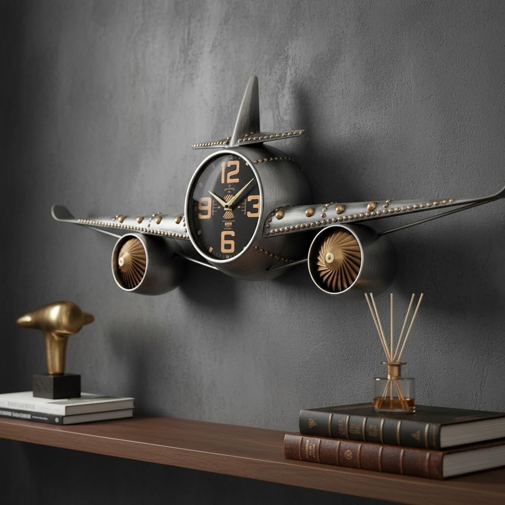 Reloj de Metal Estilo avión con Detalles Vintage y Esfera Negra
