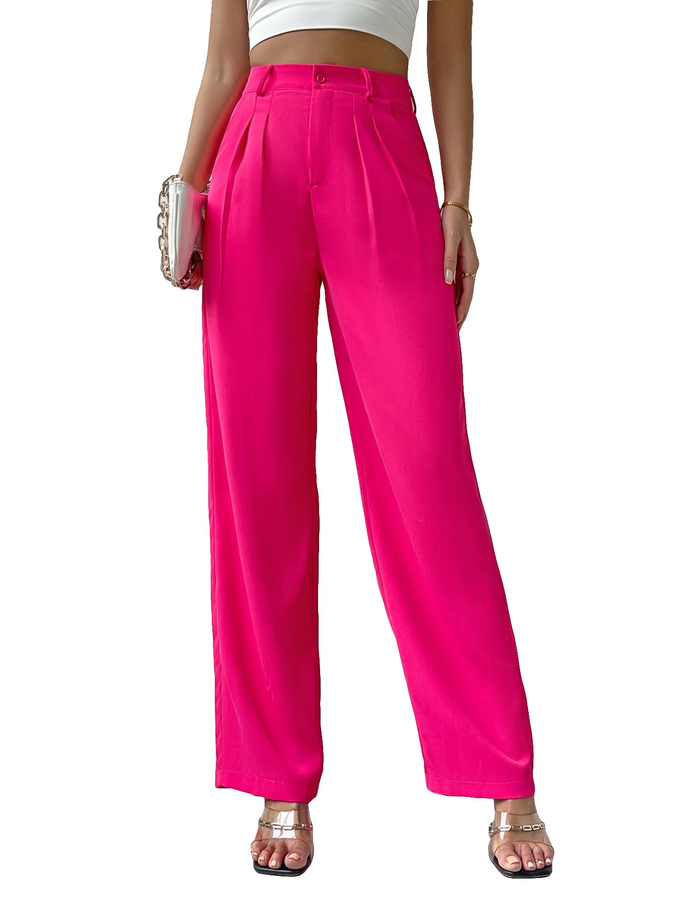 SweatyRocks Womens Casual High Waisted Wide Leg Pants Solid Pleated Loose Trouser Long Pants