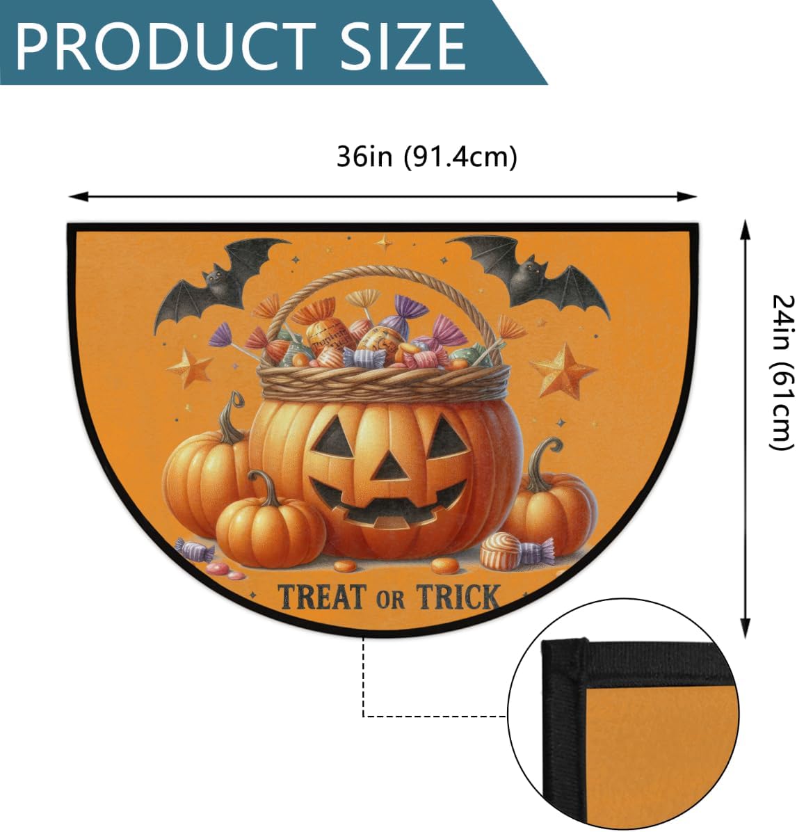 Half Round Doormat Halloween Pumpkin Orange Washable Semi Circle Area Rug Non Slip Half Moon Rug Holiday Decor Mat for Indoor Outdoor Bathroom Kitchen Welcome Fireplace Hearth Floor Mat