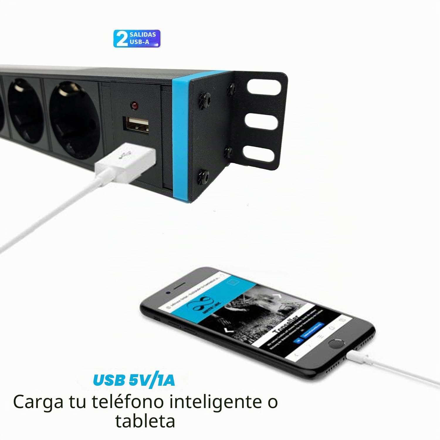 Infitronic - INSV1005USB – Regleta de 19 Pulgadas 1HE de 6 enchufes con 2 x USB Carga/Interruptor con (Power Twist Output)
