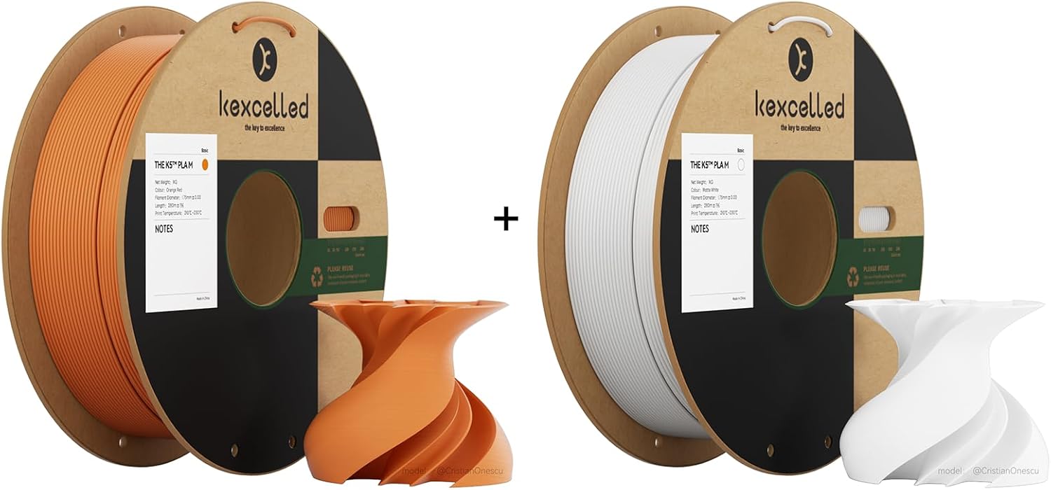 Kexcelled Matte PLA Filament 1.75mm，1kg per Spool, Pack of 2,Fit Most FDM 3D Printers，Matte Orange Red PLA + Matte White PLA