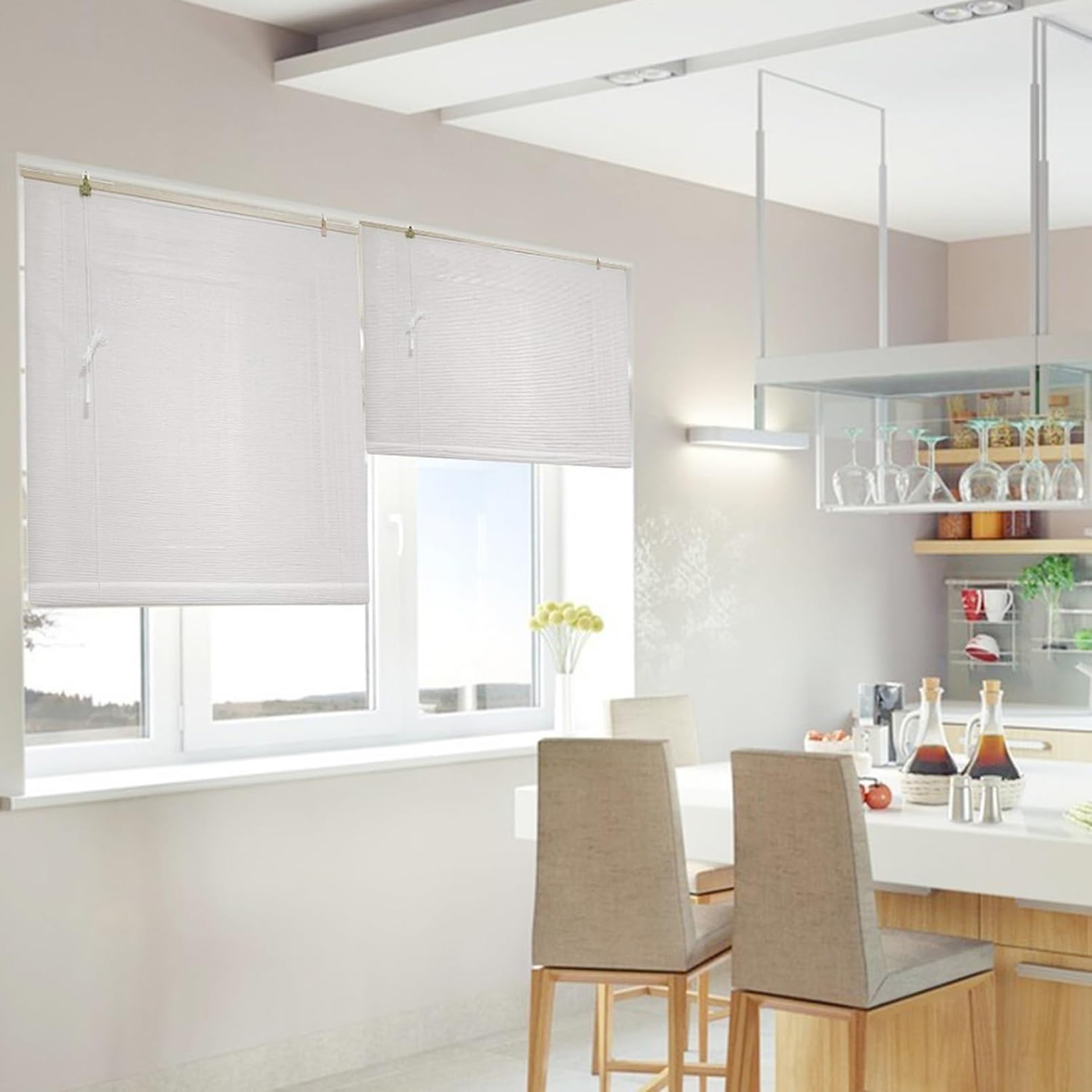 Store Enrouleur Bambou Naturel 90x100cm Blanc Stores Bambous pour intérieur et extérieur,Protection Solaire,Store Vénitien en Bambou,Tirage Latéral,Occultant,Respirant,pour Fenêtre et Porte