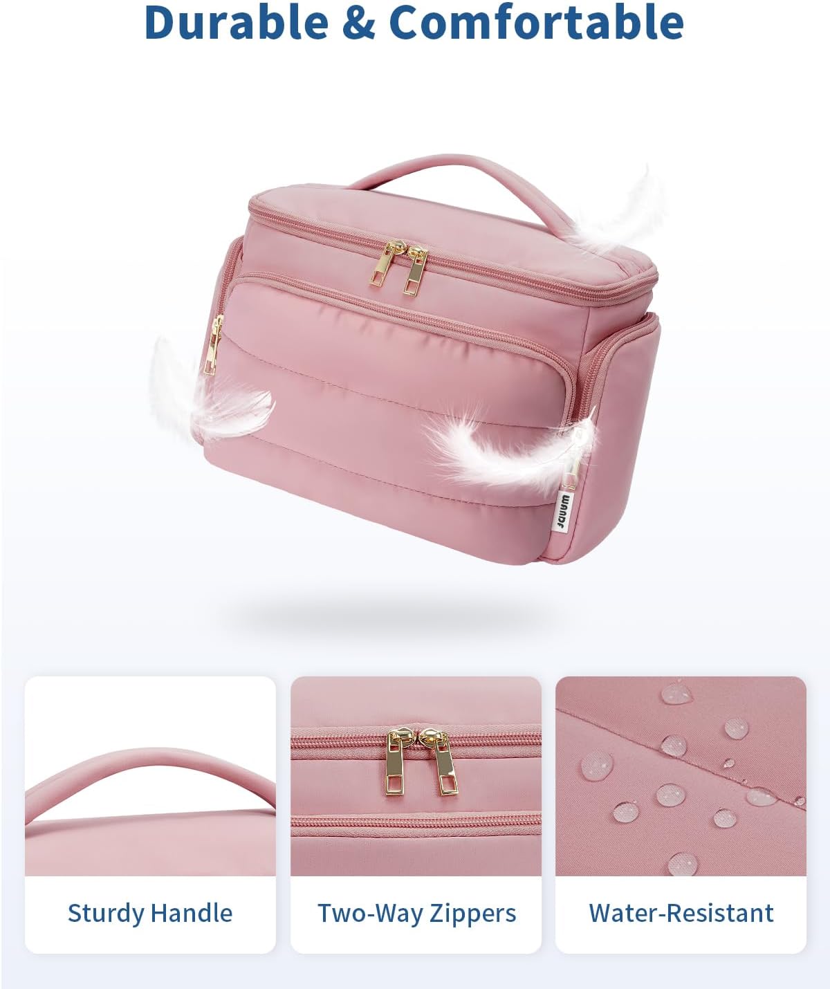 WANDF Travel Toiletry Bag for Women, Wide-open Large Makeup Bag with Handle, Puffy Makeup Organizer for Toiletries, Cosmetics, Accessories, Essentials (Dusty Pink) - Image 7