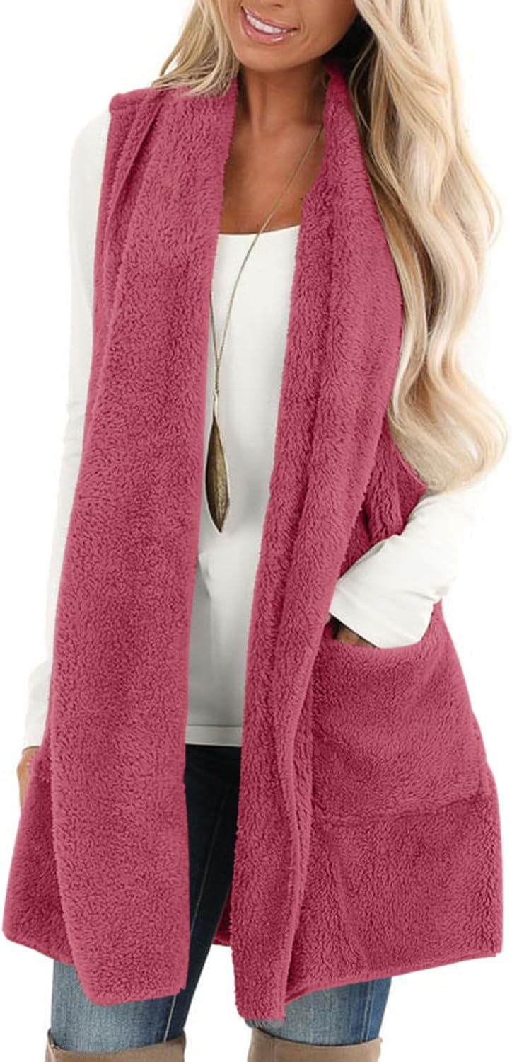 ReachMe Womens Sleeveless Sherpa Vest with Pockets Lapel Open Front Fleece Cardigan Sweater Fuzzy Jacket Coat