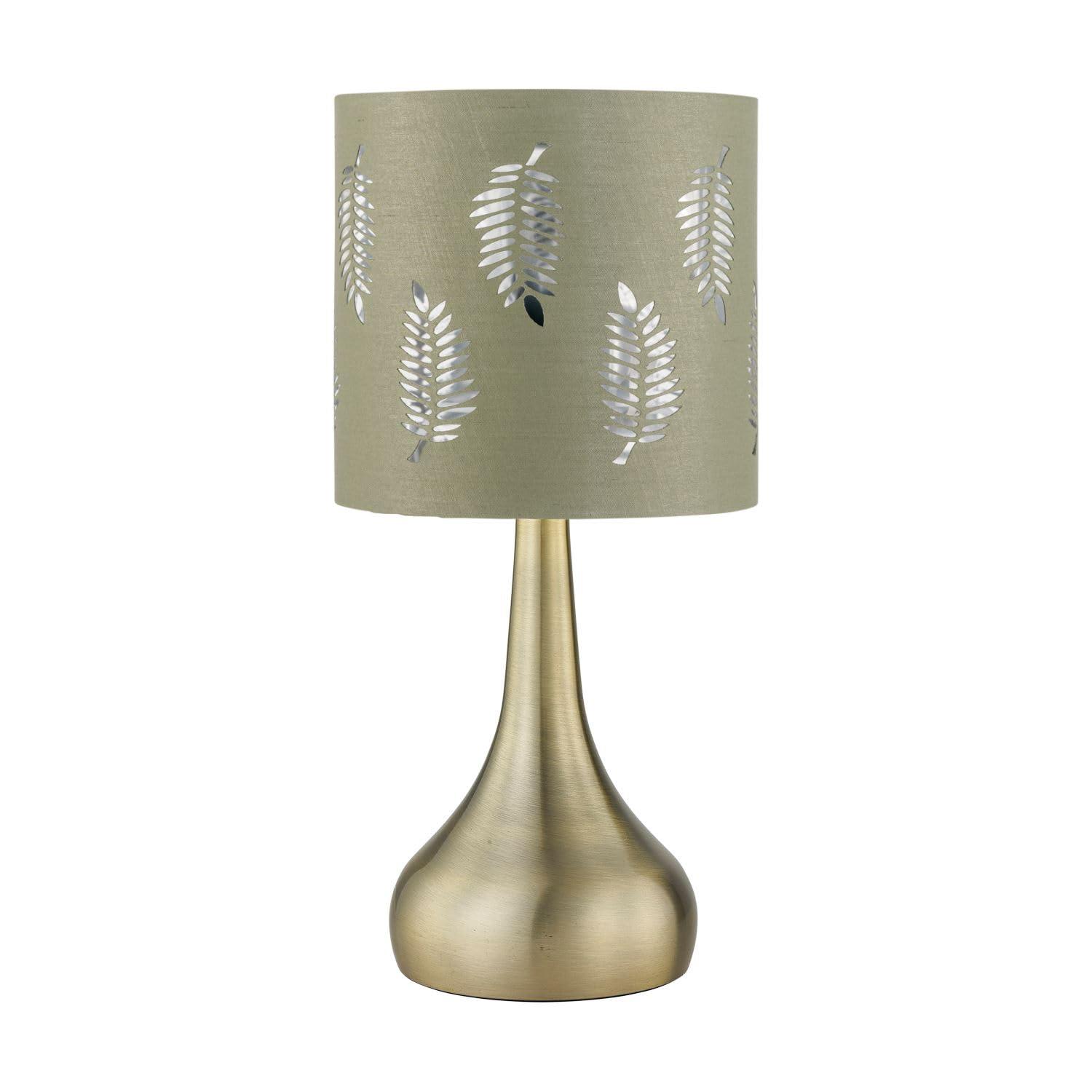 Firstchoicelighting Antique Brass & Sage Green Antique Brass Touch Operated Table Lamp Or Bedside Light, Modern Design, Height 33Cm, Sage Green Fern Shade, Led Compatible
