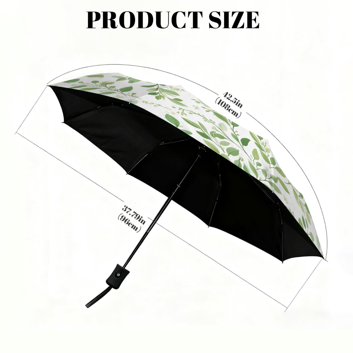 Ombrello pieghevole con foglie verdi ad acquerello ombrello da viaggio compatto antivento impermeabile con protezione UV rivestimento nero leggero 8 coste portatile per pioggia sole
