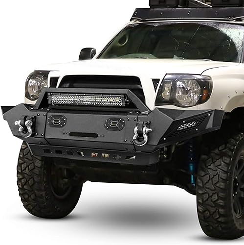 Miniatura 4 de Parachoques delantero para Tacoma, AAIWA Pickup Truck Off Road Parachoques con placa de montaje de cabrestante, 5 luces LED y anillo en D compatible