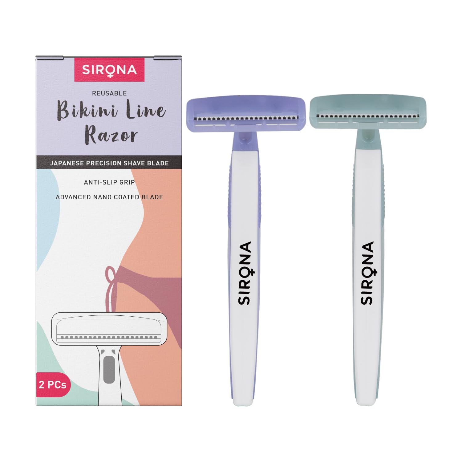 Sirona Bikini Razor for Women (Pack of 2) | Japanese Precision Shave, Nono-Blade Technology | For Irritation Free Shaving for Bikini Line | Chromium & PTFE-Coated | No Cuts | Safe & Hygiene