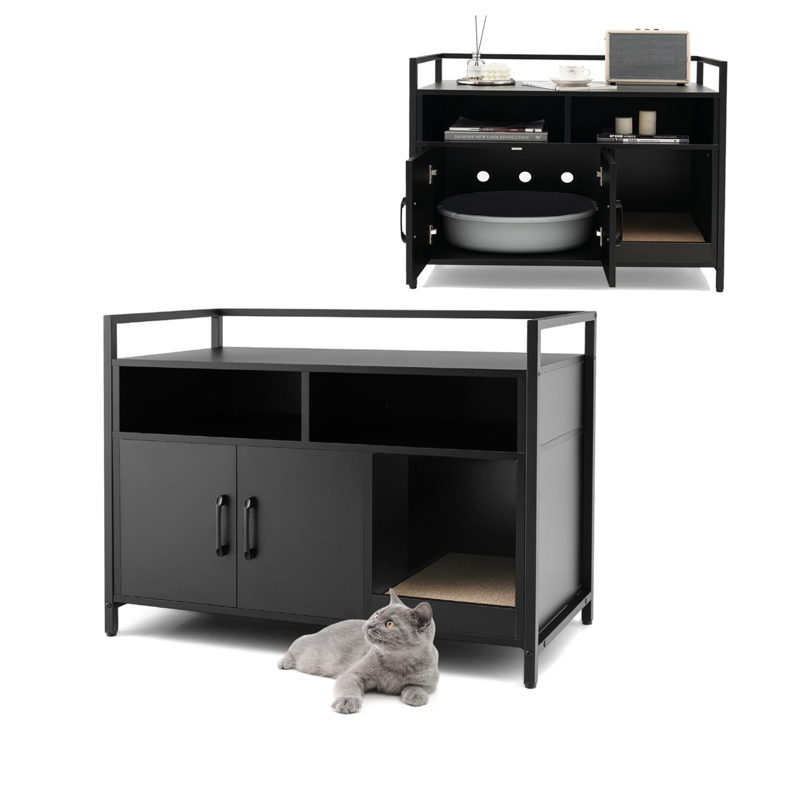 Meuble litière chat bois noir pour salon avec étagères de rangement