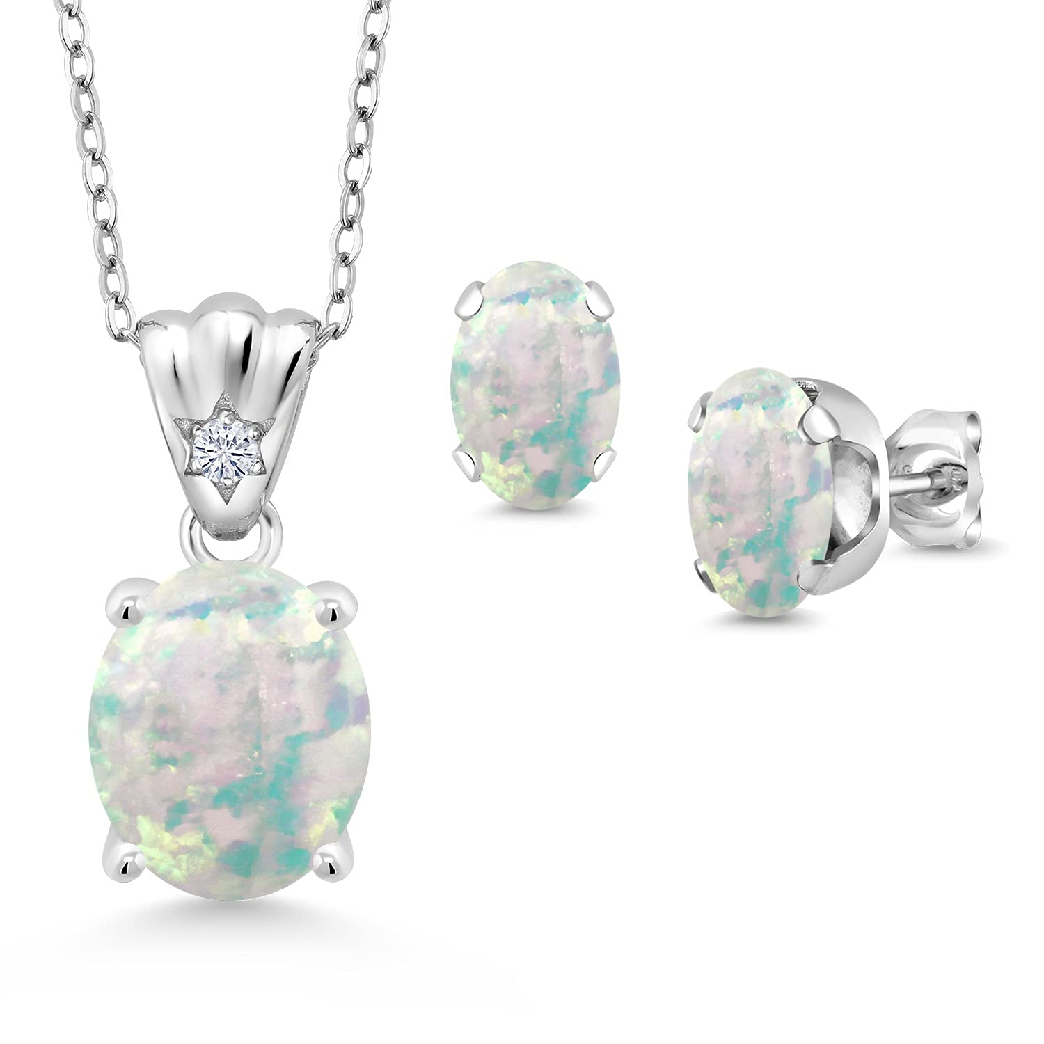 925 Sterling Silver White Opal and White Lab Grown Diamond Pendant and Earrings Jewelry Set For Women (4.04 Cttw, Gemstone Birthstone, Oval Cabochon 11X9MM and 8X6MM with 18 Inch Silver Chain)