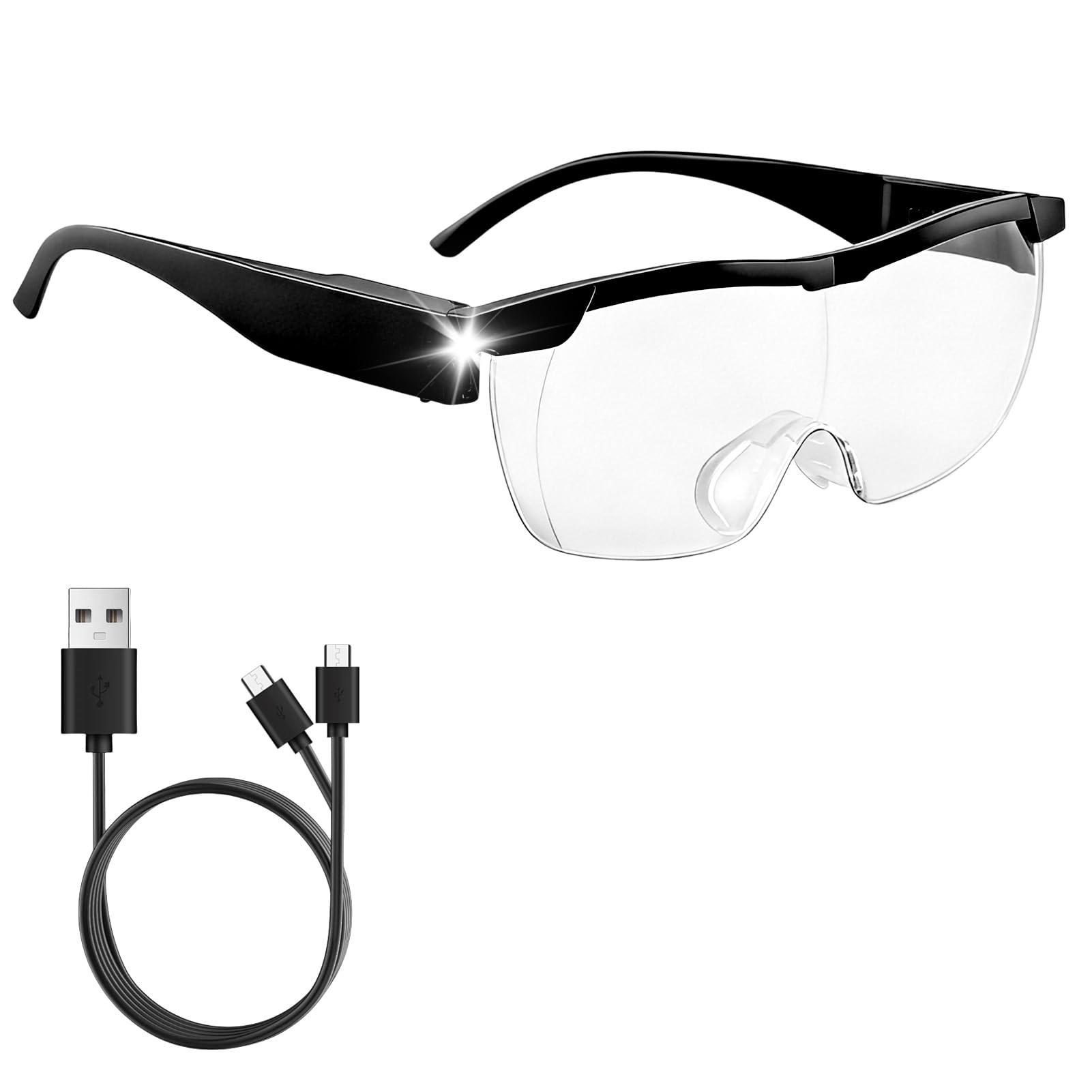 160% LED Magnifying Glasses with Light, Hands-Free Head Magnifier Spectacles Fit Over Glasses, USB Rechargeable Reading Glasses with Lights, Anti-Blue Light for Crafts & Close Work