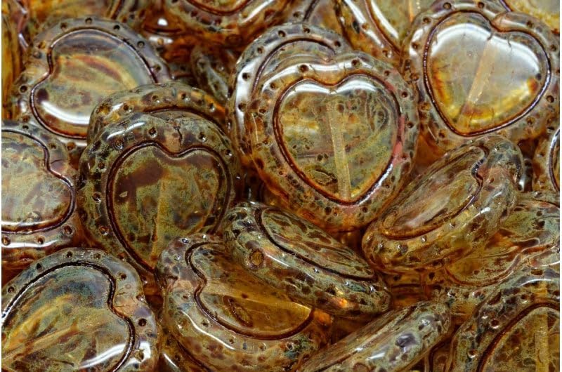 Outlet 10g Pressed Heart with Dots Beads, 18 x 18 mm, Crystal Travertin (00030-86800), Glass, Czech Republic