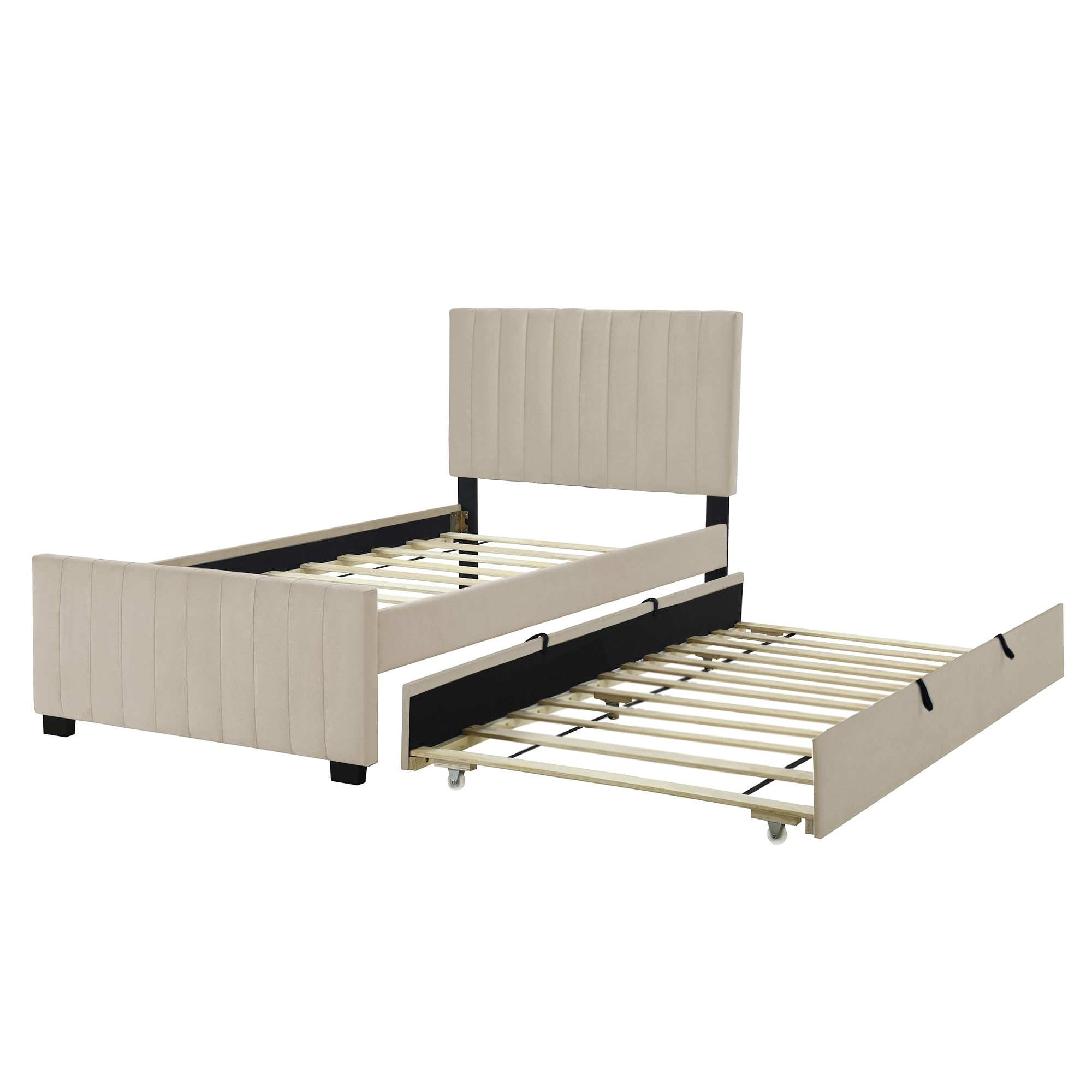 Letto singolo imbottito 90 x 200 cm, letto per ragazzi, struttura con rete a doghe e letto estraibile, letto per gli ospiti, lettino per bambini, tessuto di velluto, senza materasso (beige)