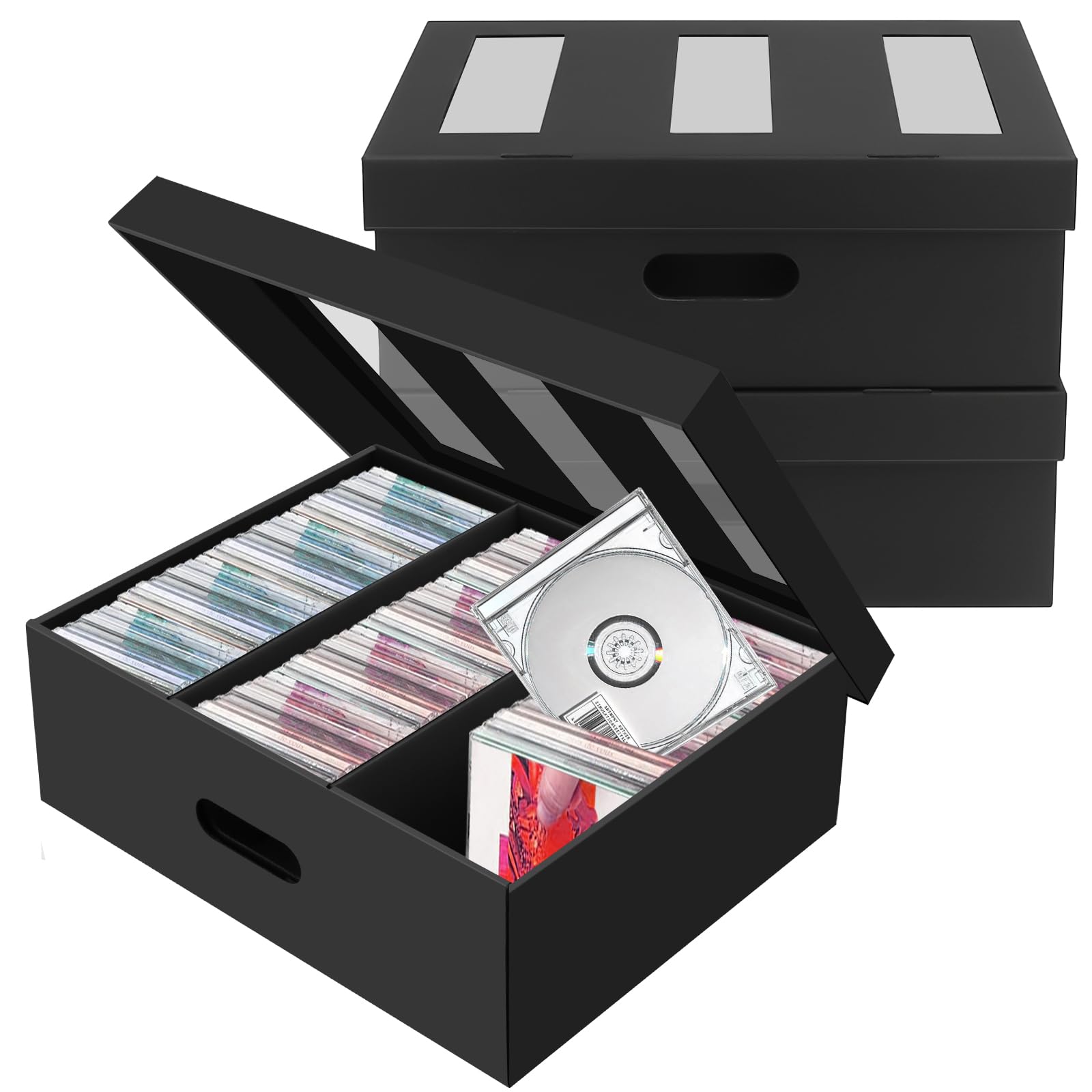 3 Pack CD Storage Boxes with 3 Compartment, CD Case Storage Cardboard DVD Case Holder with PVC Clear Lid, Each Holds 90 CDs in Full Jewel Cases,180 CDs in Slim Cases, 495 Discs in Sleeves - 1