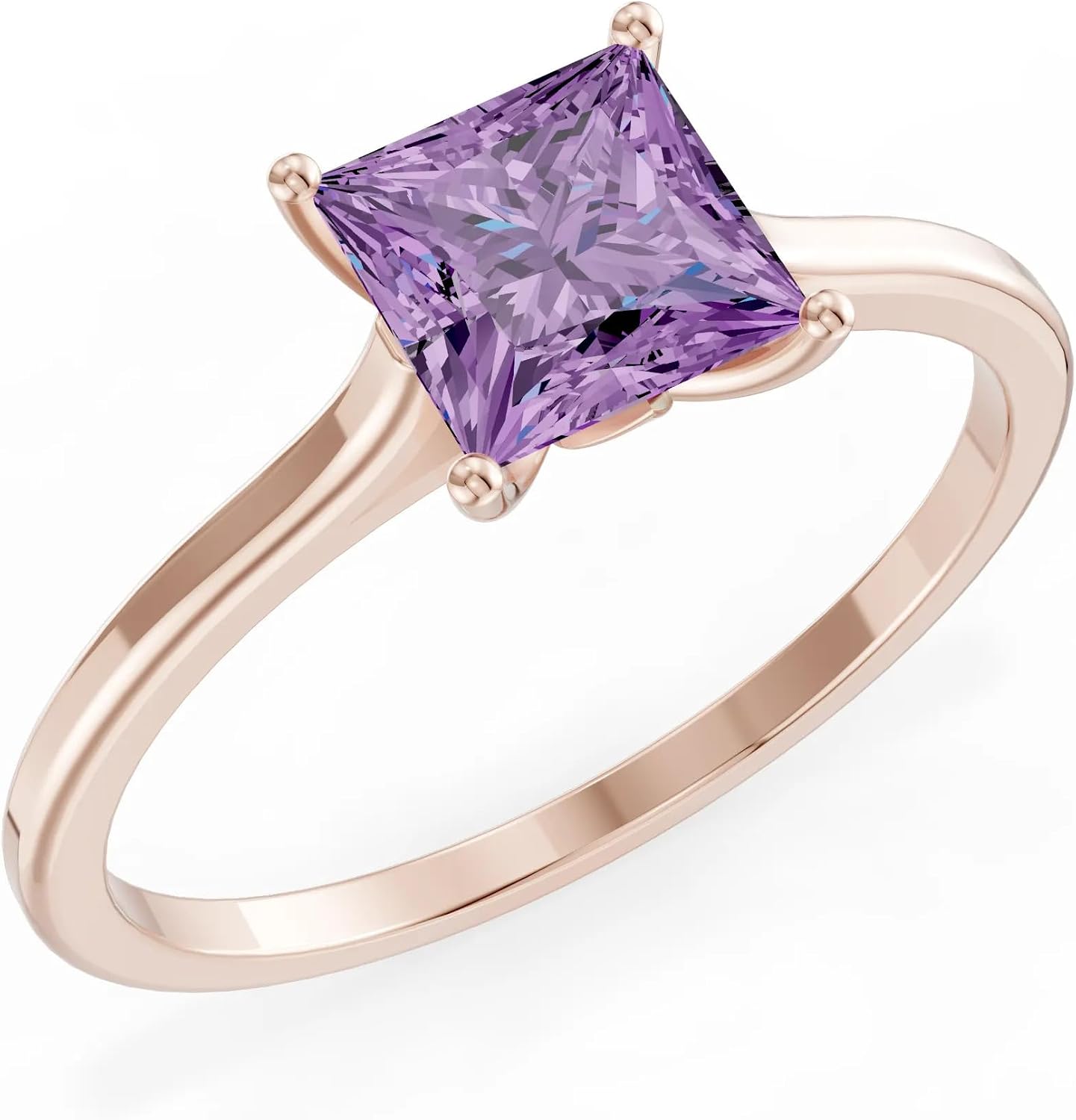 PEORA Princess Cut Cut Amethyst Classic Band Available in Solid 10K, 14K or 18K Ring – White, Yellow or Rose Gold