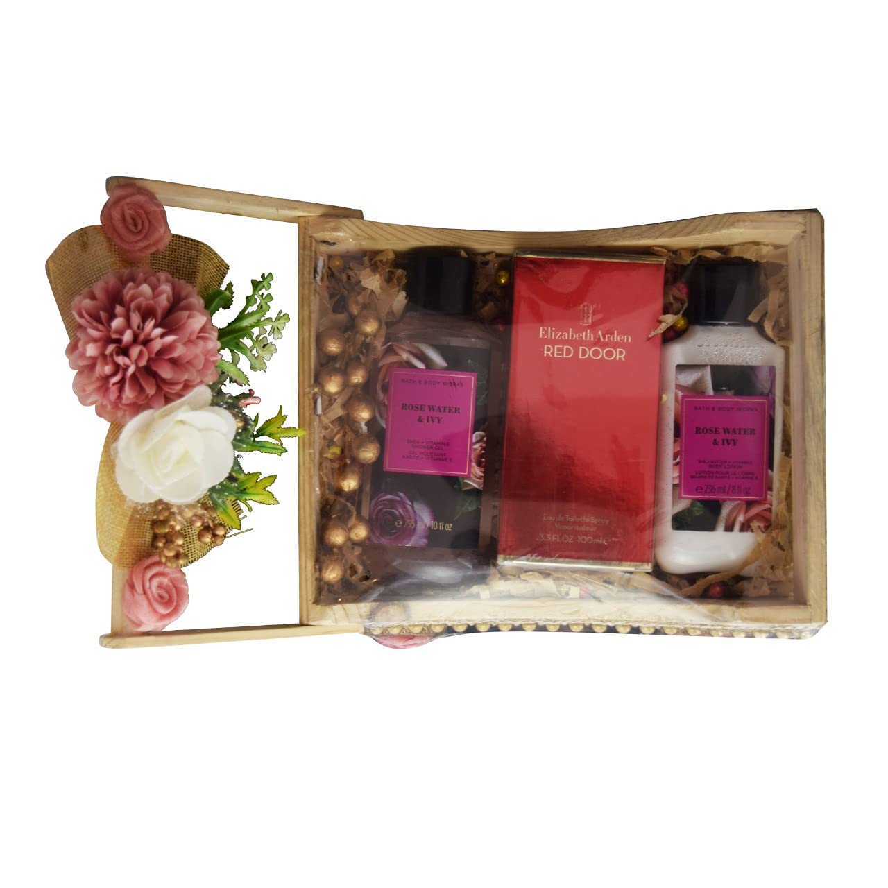 Diwali KarvaChauth All Season Gift Set For Her � BBw Rose water & Ivy Bodywash, BBw Rose water & Ivy Lotion, Elizabeth Arden Red Door EDT Perfume, Decorated Gift Basket-image-15