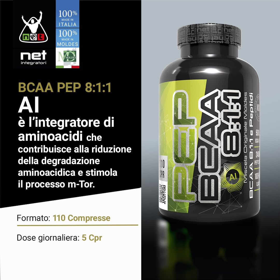 Net Integratori BCAA PEP 8:1:1 AI - 110 cps - Integratore Peptidi di Aminoacidi ramificati BCAA sviluppati con Intelligenza Artificiale per Sviluppo e Recupero Muscolare