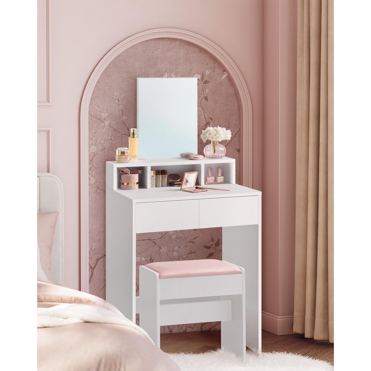 Ozone Furniture Engineering Wood Makeup Vanity Table Modern White | with Mirror, Storage Shelves, Pink Cushioned Stool, Vanity Set-image-10