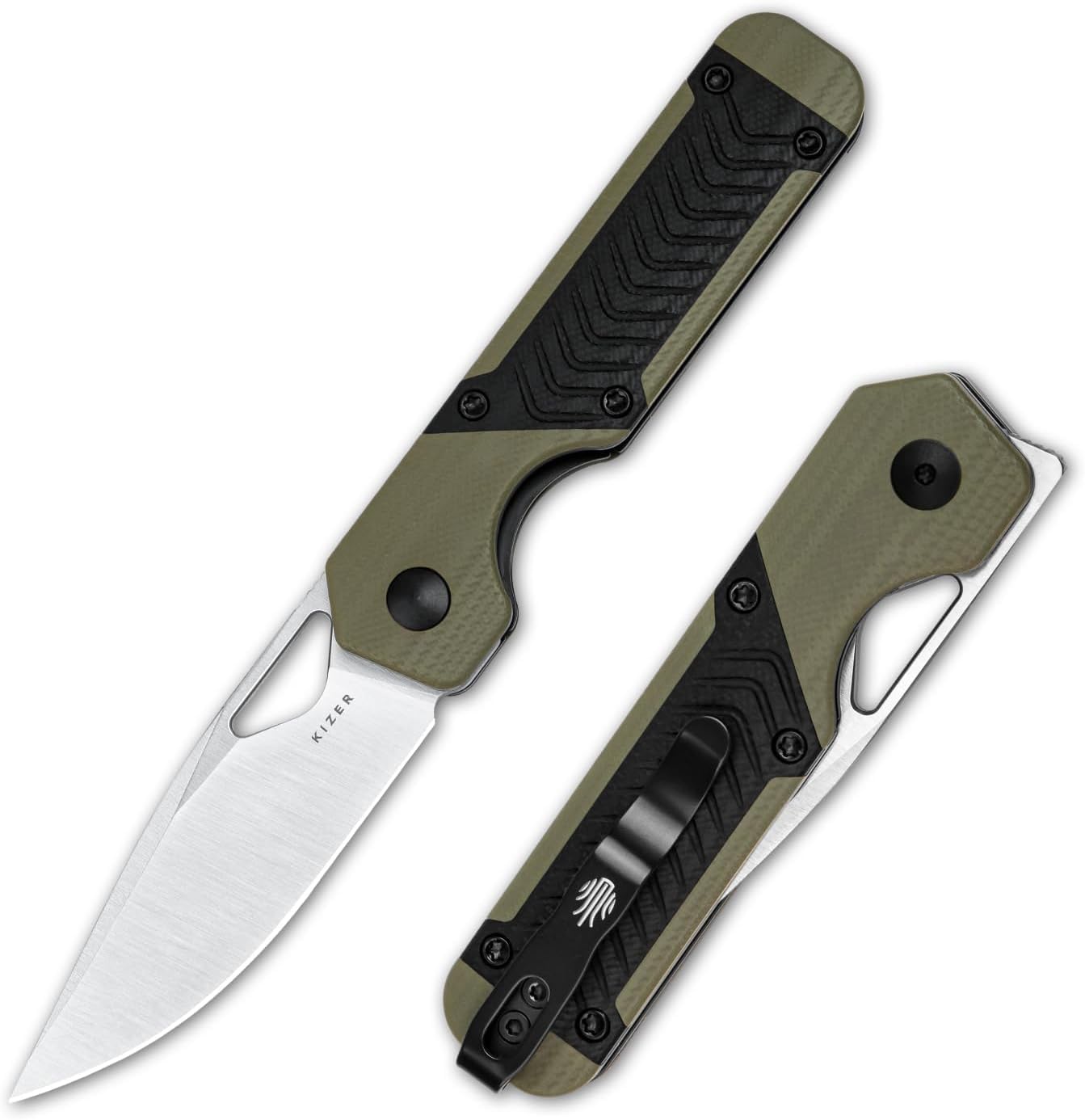 Kizer Mini Militaw V3634SA6 Navaja EDC, Nitro-V 7.16 cm, G10 Negro/Verde - Camping Caza Regalo Hombre Mujer