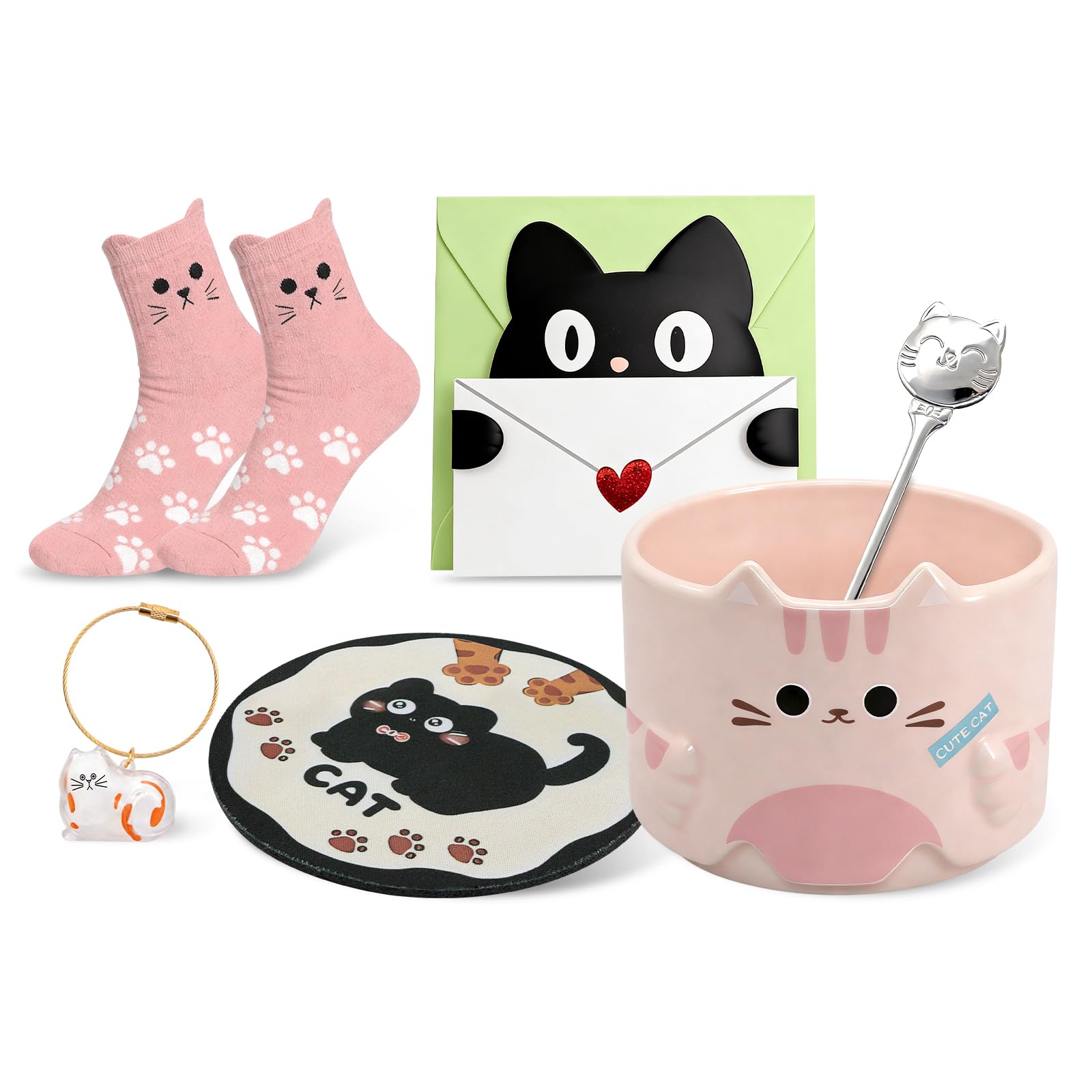 Qinhai Cute Cat Mug Set, Stackable Coffee Cup, Cat Lovers Gifts for Women Men Mum Her Girl Boy Teacher Friend, Christmas Valentines Mothers Day Easter Presents Idea (Pink)