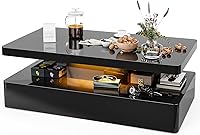 Vista 3 de IKIFLY - Mesa de café LED de alto brillo, mesa de café moderna para sala de estar, mesa de diseño rectangular de 2 niveles con luces LED de 16 Negro