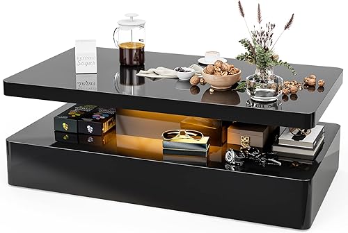 Miniatura 8 de Mesa de centro LED moderna, mesa de centro negra de alto brillo con luces LED de 16 colores, rectangular, 43.3 x 23.6 x 15.4 pulgadas