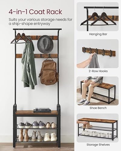 Vasagle Coat Rack, Hall Tree With Shoe Bench For Entryway, Entryway Bench With Coat Rack, 4-In-1, With 9 Removable Hooks, A Hanging Rod, 13.3 X 28.3 X 72.1 Inches, Rustic Brown And Black Uhsr40B #TOP2