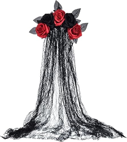 Merroyal Día de las mujeres de los muertos accesorio de Halloween Accesorios de fotos (flor negra y rojo+velo)