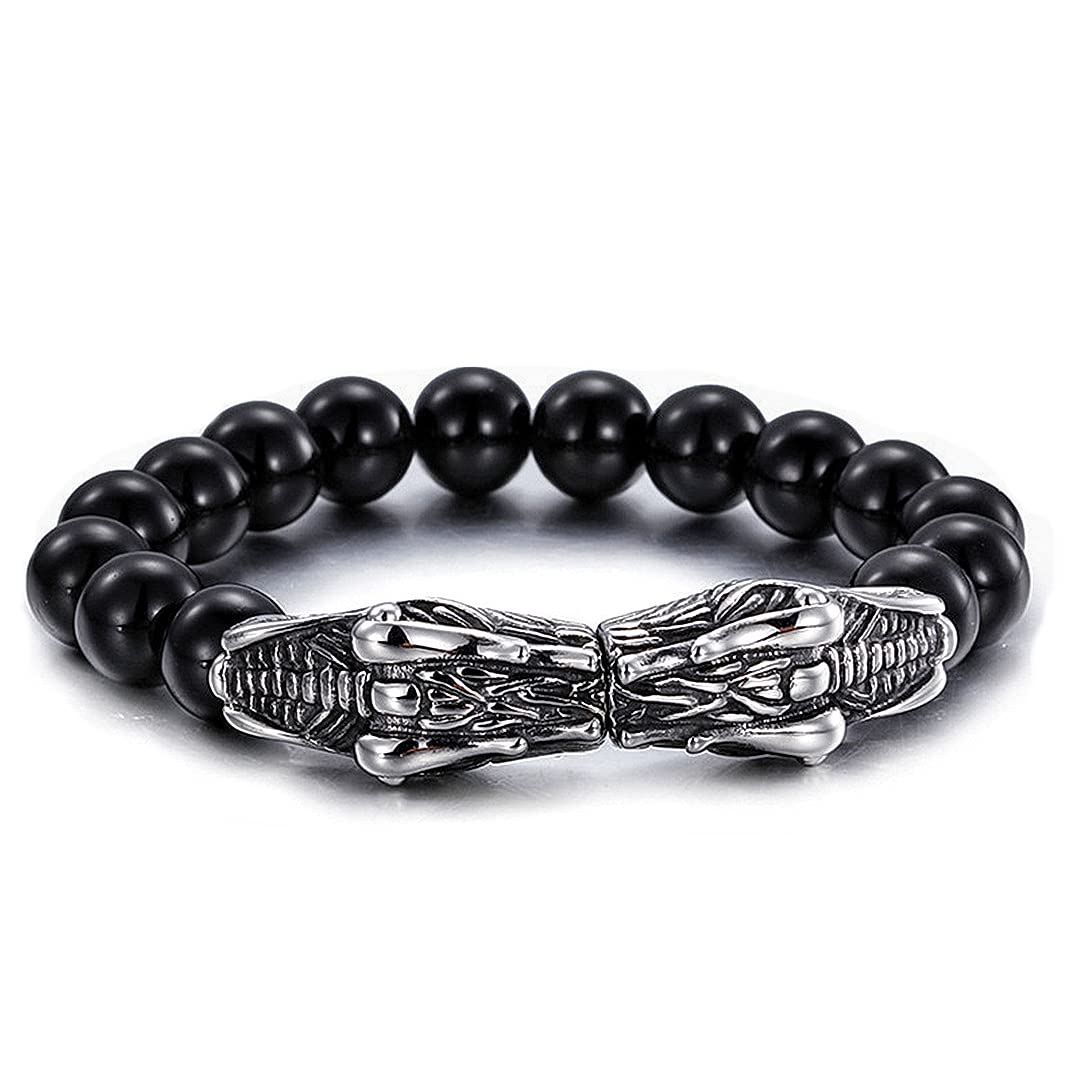 BIYONGDE Mens Womens 10MM Black Onyx Beads Chain Lucky Amulet Bangle Bracelet, Stainless Steel Vintage Dragon Head Charms