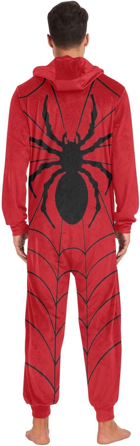 Spider Black Web Red Zipper Hooded Adult Jumpsuit Pajamas with Pockets XS-3XL