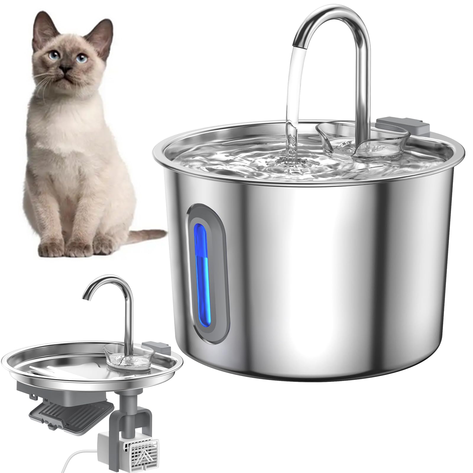 Cat Water Fountain for Drinking, 2.2L/74oz Stainless Steel Cats Water Bowl Pet Waters Fountains Pet Waters Dispenser, Ultra-Quiet Pump, LED Light, Visible Water Level