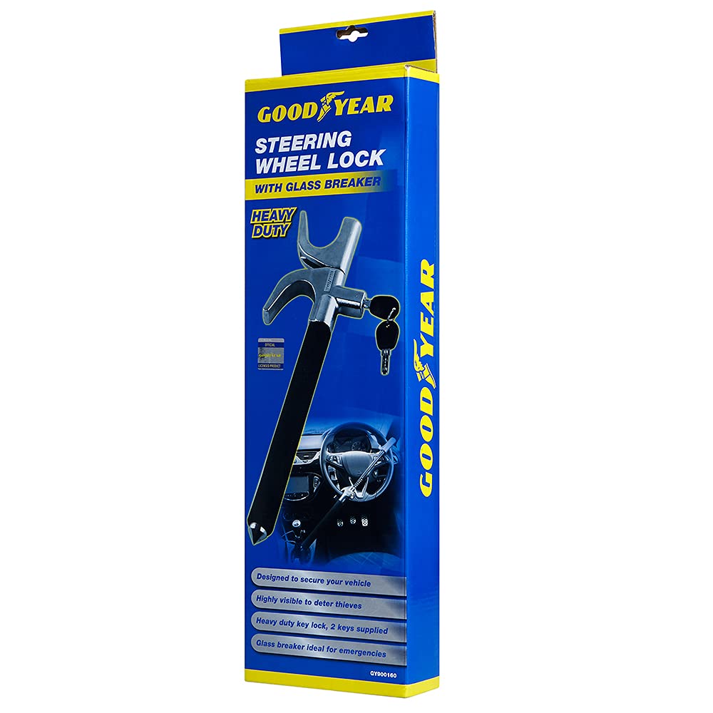 Goodyear Universal Heavy Duty Steering Wheel Lock with Emergency Glass Breaker and 2 Keys