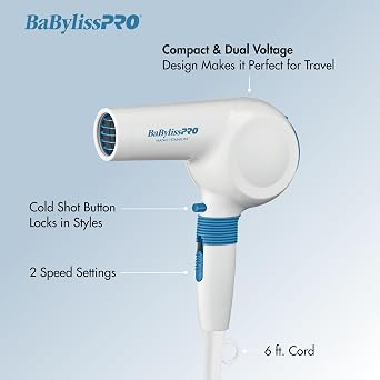 BaBylissPRO Compact Midi Hair Dryer, 1000 watts, Great for Travel or touchups, Includes Diffuser and Concentrator
