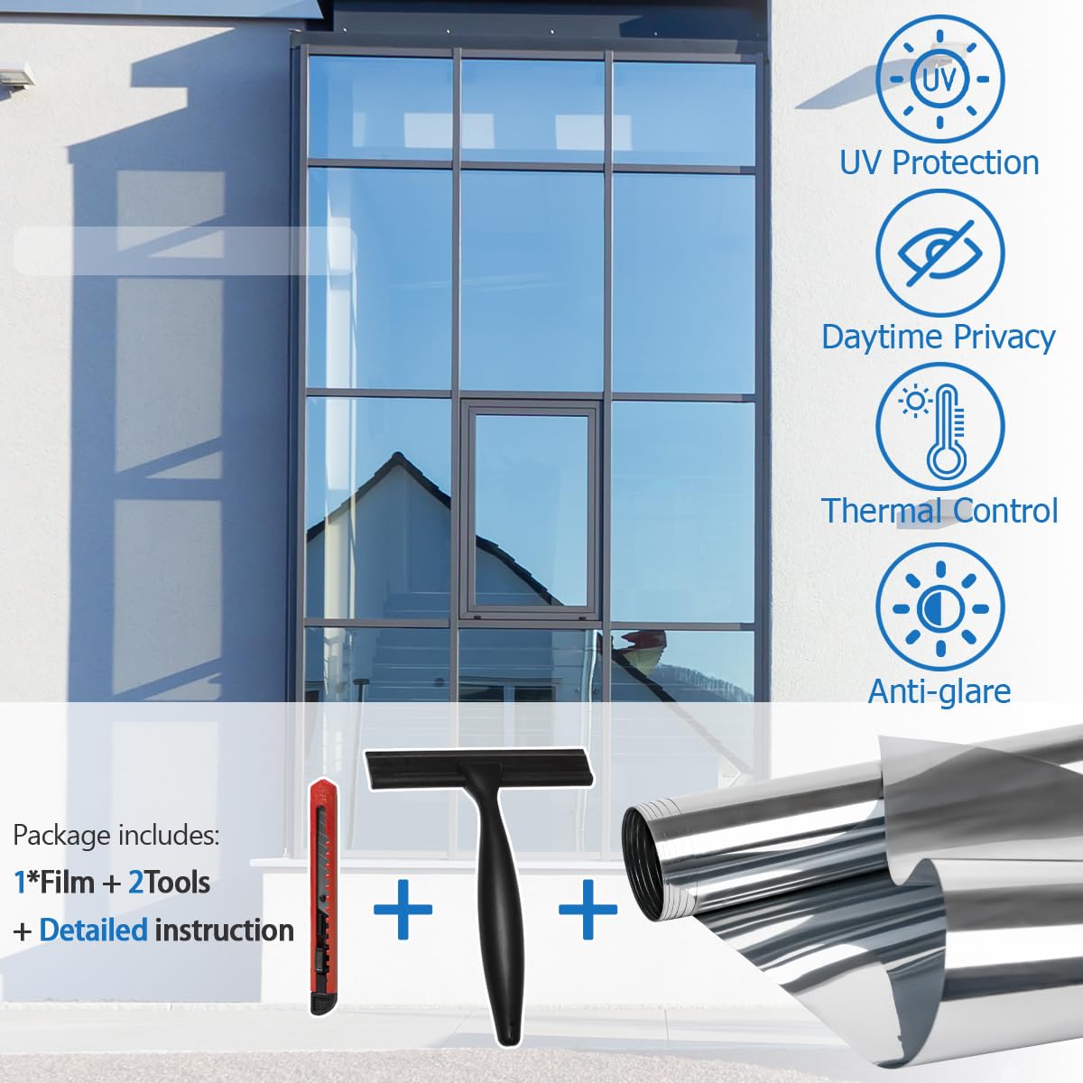 Niviy Pellicola per Vetri Finestre Privacy 90 CM x300 CM Pellicola Specchio Con Raschietto e Taglierino Protezione UV, Privacy, Controllo termico, Facile da Applicare Adatto a Tutte le Finestre
