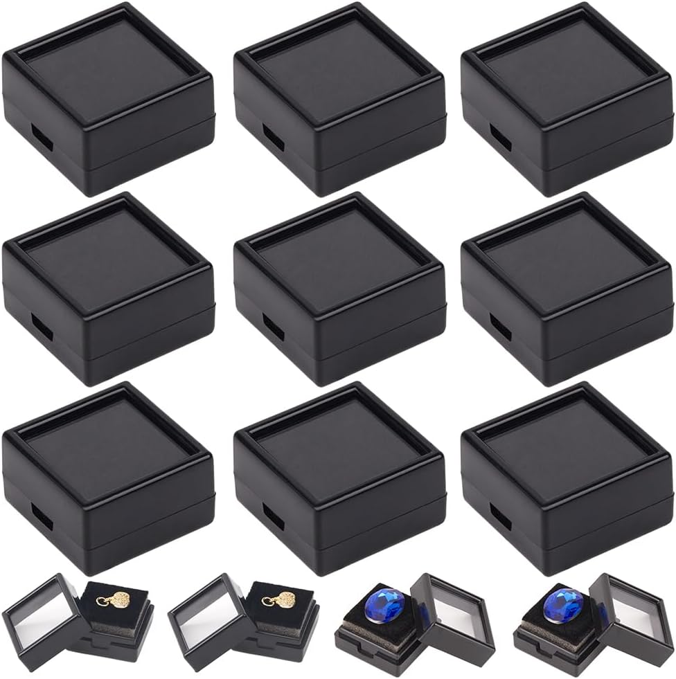 GORGECRAFT 20Pcs Loose Gemstone Display Box 1.16" Small Black Jewelry Display Cases Container Diamond Square Acrylic Gift Boxes with Sponge Cushions Clear Lids for Rings Gems Gift Packing Showing