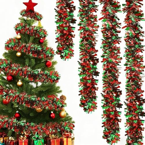 1 guirnalda de árbol de Navidad, oropel trenzado rojo y verde, adorno brillante para Navidad, hogar, escaleras, decoración de fiesta interior y exterior
