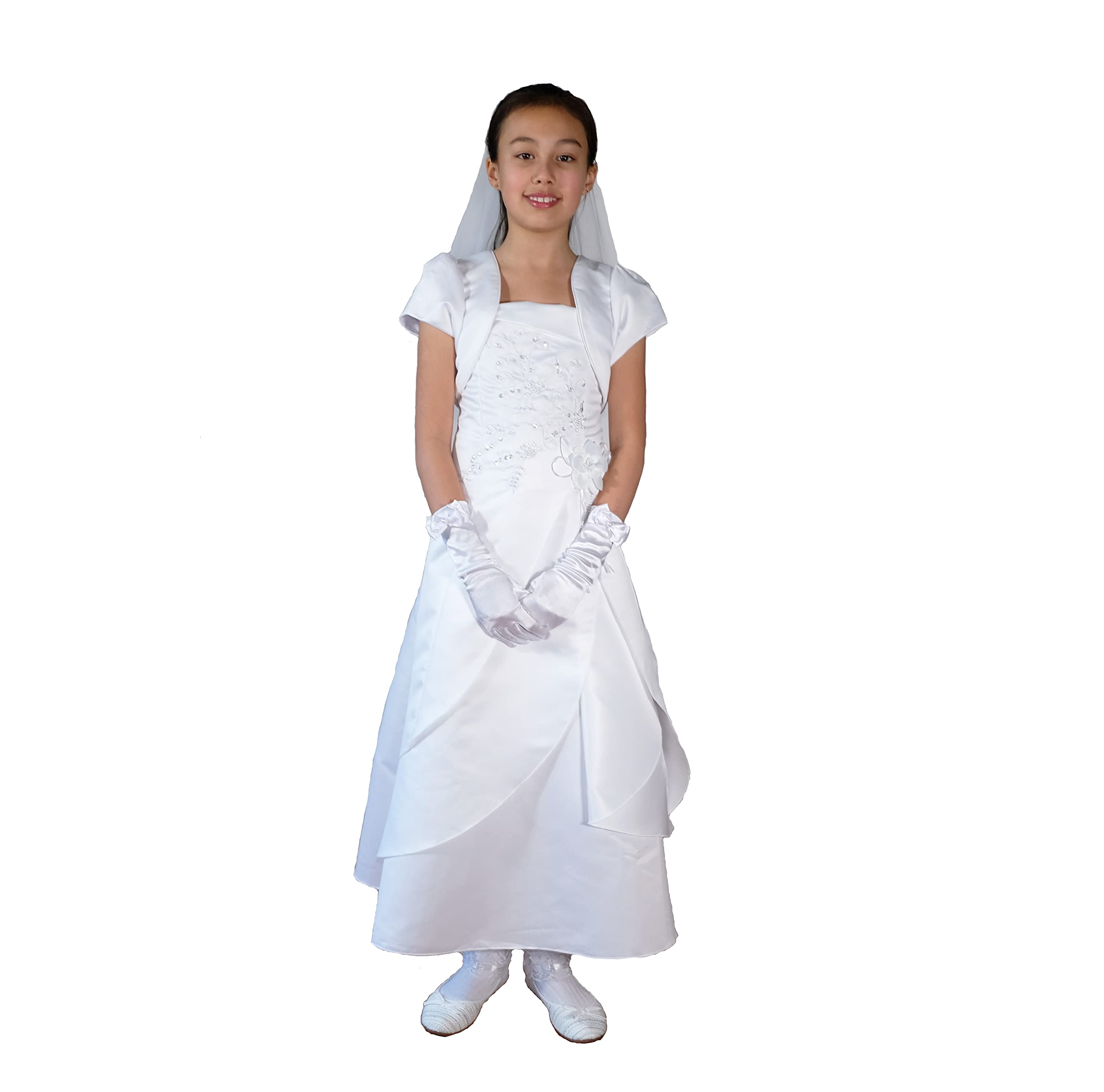 Cinda Girls White Satin Holy Communion Dress with Veil 13-14 Years