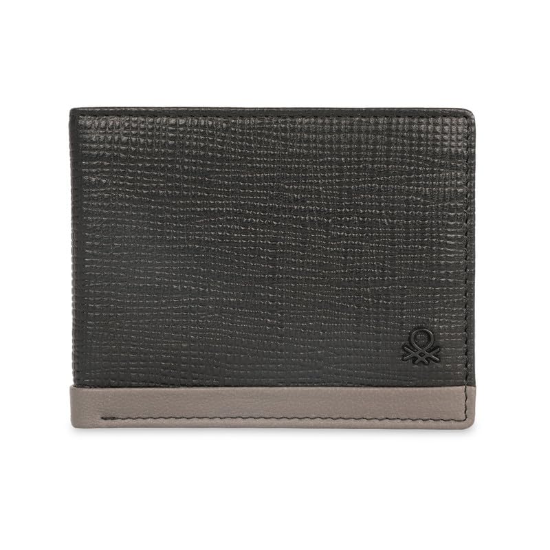Image of UNITED COLORS OF BENETTON Men RFID Protected Barbon Slimfold Wallet - Black, No. of Card Slot: 8 | Saffiano Textured Slimfold Wallet with Side Closure | Leather