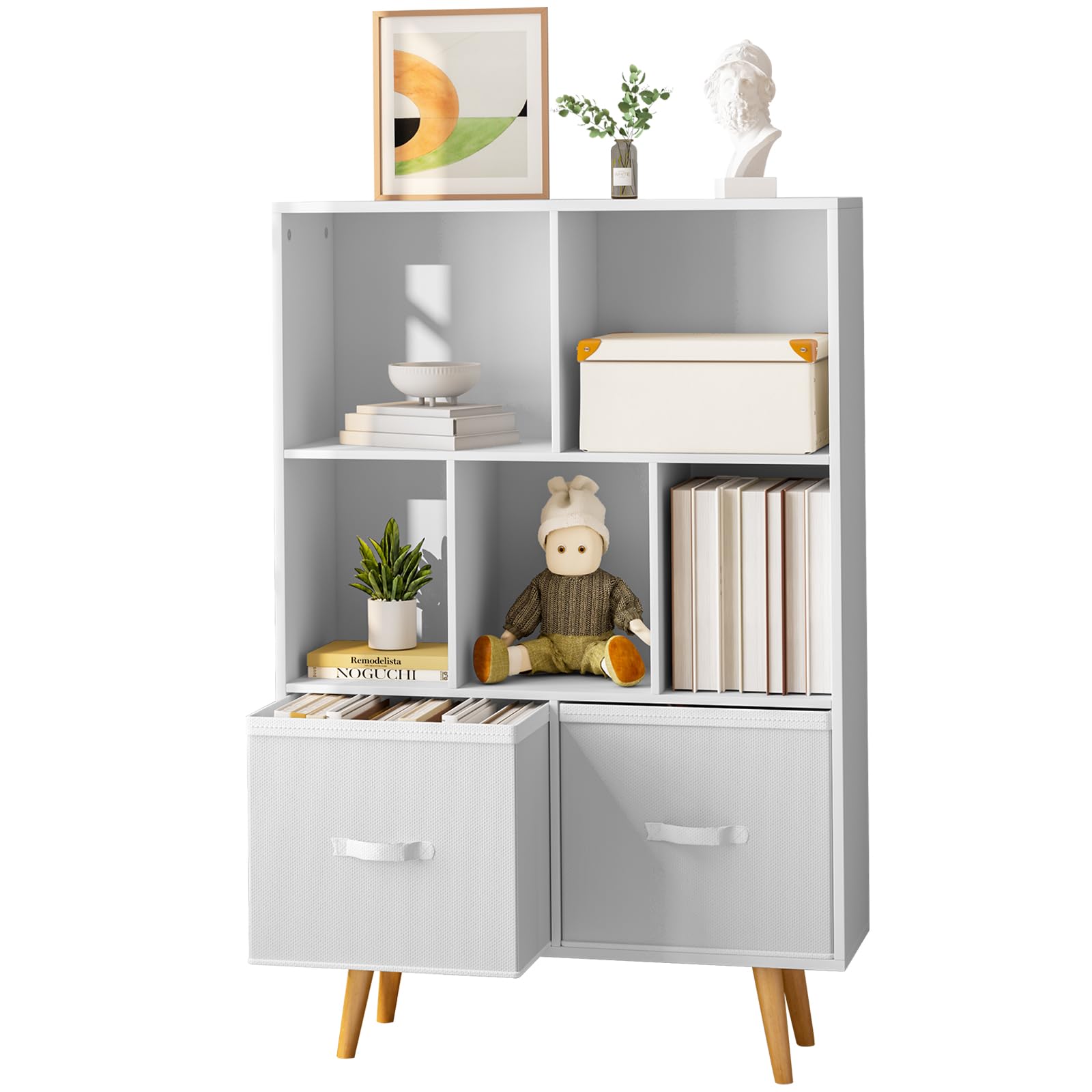 3-Tier Mid-Century Modern Wood Bookcase,White Minimalist 7-Cube Bookshelf with Legs,Open Bookcase Nursery Kids Bookshelf and Toy Storage,Freestanding Standing Cubby Storage Shelves